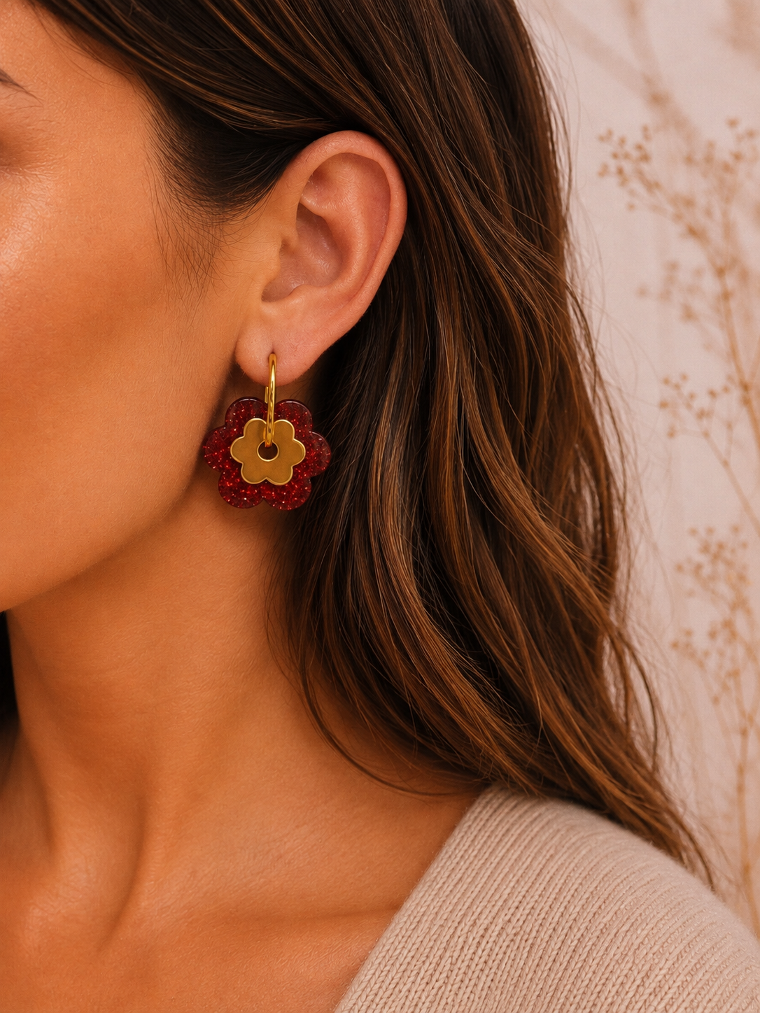 Boucles d’oreilles Lou - Fleur rouge BORDEAUX
