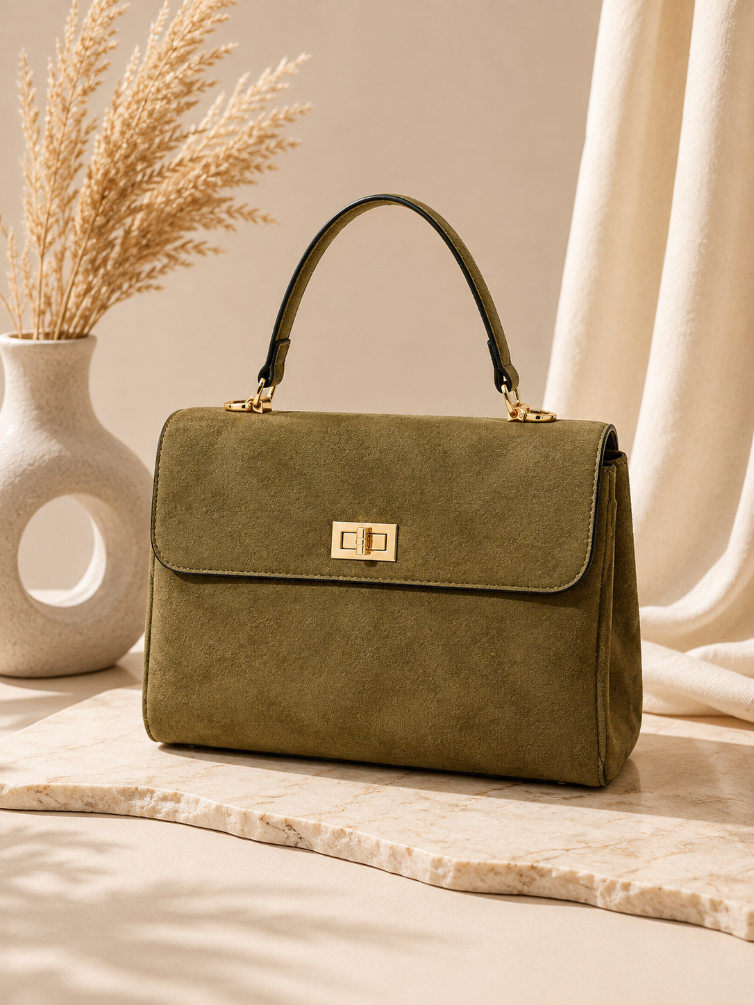 Sac à main Laly  effet daim – Kaki